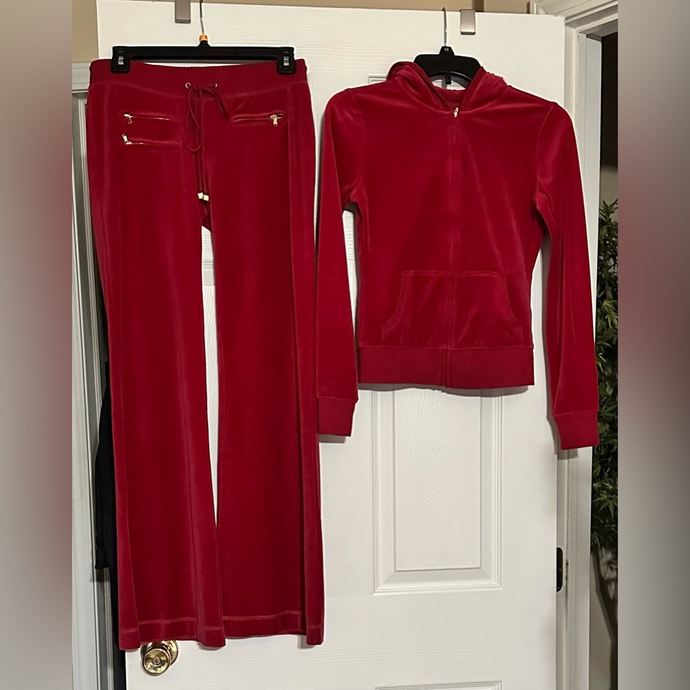 Victoria's Secret Red Velour Boot Cut Pants and Hoodie Set